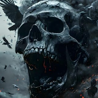 a skull with fire and birds on it in front of a sky filled with clouds Halloween Skull Iphone Skull Sleeve Tattoos, Skull Art Drawing, Dark Fantasy Artwork, dark slate gray