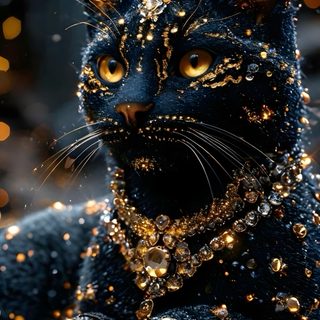 a black cat with gold glitters on it's face Black Cat Diamonds For Halloween In Gold Cat, Black Gold Cat, Black Cat In Glitter,