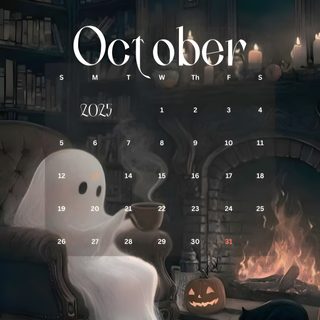 a calendar with a ghost sitting in front of a fireplace October 2025 Calendar Halloween The Graveyard Book, October, October Calendar, dark slate gray