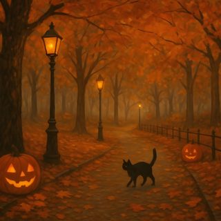a painting of a cat walking down a path with jack - o'- lanterns Autumn Halloween 4k Halloween Laptop Aesthetic, Food Art Painting, Normal, saddle brown