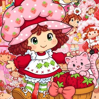 a girl with strawberrys and cats on her back, surrounded by other cartoon characters Strawberry Shortcake Halloween dark salmon