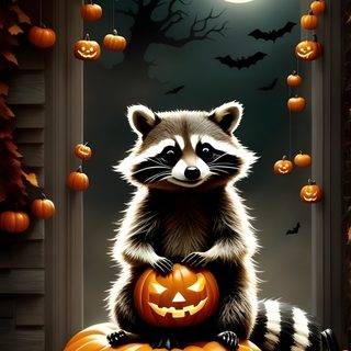 a raccoon sitting on top of two pumpkins in front of a window Halloween Raccoon Halloween For Phones, Halloween Pictures For Iphone, Halloween For Iphone, dark slate gray