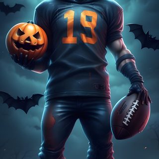 a football player holding a pumpkin and a jack - o'- lantern in front of a full moon Cool Halloween Football Football Players For Halloween, Halloween Football Posters, Fall Skull, dark slate gray