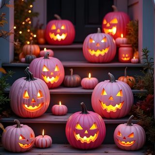 halloween pumpkins on the steps lit up with candles Pink And Orange Halloween Pretty Screensavers, Flower Dress Art, Halloween Dessert Table, dark slate gray