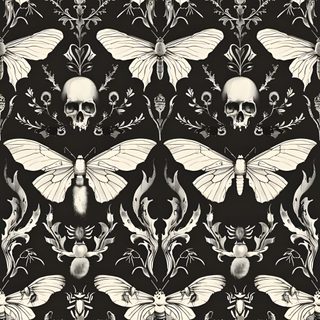 a black and white wallpaper with skulls, flowers and butterflies Halloween Bathroom Gothic Skull And Moth, Black And White Gothic Decor, Gothic Themed Room Inspiration, dark slate gray