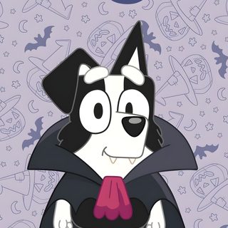 a cartoon dog with glasses and a bat on it's chest, standing in front of a purple background Bluey Halloween Bluey Halloween Iphone, Halloween Bluey Drawing, Bluey Fall, Bluey And Bingo Fall, silver