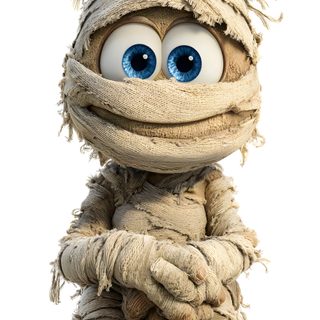a stuffed animal with big blue eyes sitting down Halloween Mummies Mummy Character, Horror Cartoon, Tranquil Art, Paper Mache Clay, beige