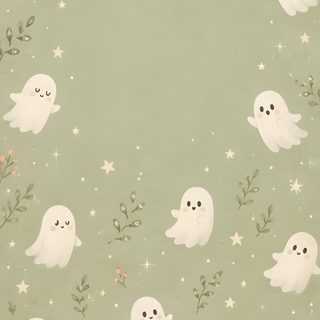 a green background with white ghost and stars Aesthetic Sage Green Halloween tan