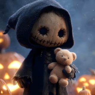 a stuffed animal is holding a teddy bear in front of pumpkins and jack - o'- lanterns Halloween Voodoo Doll Digital Frame, Whimsical Halloween, Cute Monsters, Banners, dark slate gray