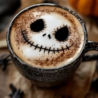 a cup filled with liquid and decorated like a jack - o'- lantern face Halloween Coffee Spooky Coffee Inspiration, Halloween Coffee, Spooky Coffee, Halloween Latte, saddle brown