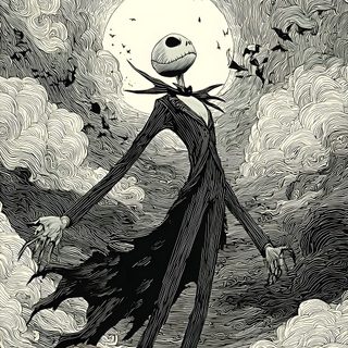 a drawing of a man in a field with pumpkins Halloween Jack Skellington Nightmare Before Christmas 2, Skeleton Artwork, Nightmare Before Christmas, gray