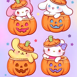 four cartoon pumpkins with cats and dogs on them, one is wearing a hat Kawaii Sanrio Halloween Images Hello Kitty, Charmmy Kitty, Hello Kitty Coloring, Sanrio, lavender