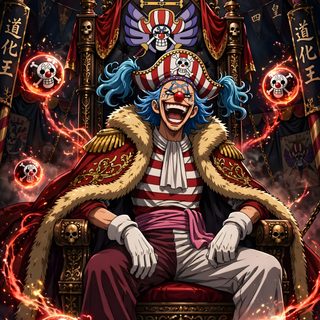 a clown sitting on top of a golden throne with skulls around his legs and eyes Halloween One Piece black