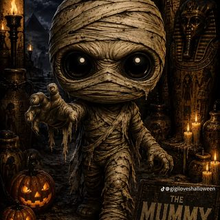 a creepy little creature holding a sign in front of some pumpkins Halloween Mummies black