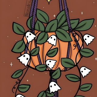 a pumpkin hanging from a plant with ghost faces on it Halloween Plant Ghost Plant, Simple Halloween Drawings Aesthetic, Cute Spooky Halloween, sienna