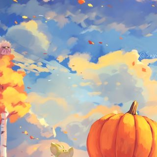 a pig with a pumpkin on its head in the middle of a wheatfield under a cloudy blue sky Kirby Halloween 4k Image Kirby, Kirby Art Colorful Sky, Kirby Autumn, Kirby Landscape, Kirby Sky, rosy brown