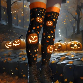 a woman in black stockings and orange socks with pumpkins Happy Halloween Stockings dark slate gray