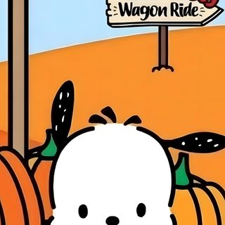 hello kitty is sitting in the pumpkin patch Pochacco Halloween Autumn Sanrio Theme, Cute Fall Illustration, Fall Festival Decoration Ideas, sandy brown