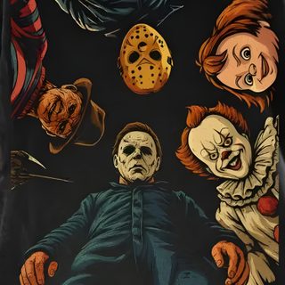 an image of the movie poster for it's about time, featuring five scary clowns Halloween 5 Horror Movie Killers, Halloween Movie Poster, Gothic Landscape, Scary Characters, black