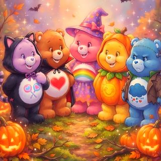 a group of teddy bears standing next to each other in front of pumpkins and leaves Care Bears Halloween peru