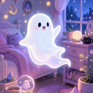 a room with a bed, window and some decorations Aesthetic Kawaii Cute Halloween Pastel Purple Bedroom, Kawaii Ghost, Purple Bedroom, Pastel, slate gray