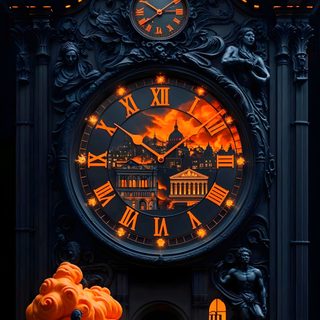an ornate clock with orange lights on it's face and figures around the clock Halloween Steampunk Clock Live, Clock Iphone, Apple Logo, Modern Landscape Design, black