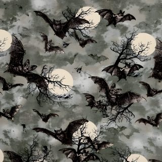 an image of bats flying in the night sky with full moon and tree silhouettes Vintage Bats For Halloween Fabric And Kawaii Bats On Gray Fabric, Sugar Glider Fabric Swatch, Green Bat Pattern Fabric,