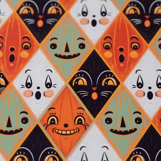 an orange, black and green pattern with faces on it Johanna Parker Halloween Vintage Halloween Art, Halloween Graphics, 1 Tattoo, Theme Halloween, peru