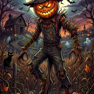 a scarecrow standing in front of a full moon Halloween Scarecrow dark slate gray