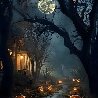 halloween pumpkins on the ground in front of trees Full Moon Halloween Spooky Image For Halloween, Spooky Halloween Picture, Halloween Nature, black