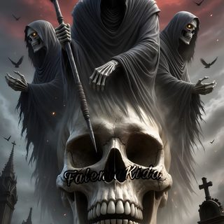 a skull with two grimic skulls on it's head and one holding a sculler Grim Reaper Halloween Grim Reaper With Skulls, Grim Reaper Skull, Evil Grim Reaper, dark slate gray