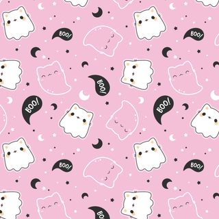 a pink wallpaper with black and white cats on it's face, saying boo Halloween Ghosts And Webs On Pink Kawaii Halloween, Spooky Pattern, Pink Background Spooky Design,