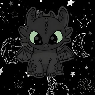 a black background with stars, planets and a little cute creature in the middle of it Halloween Toothless Toothless Halloween, Toothless Backgrounds, Wache, Halloween Toothless, Papel, black