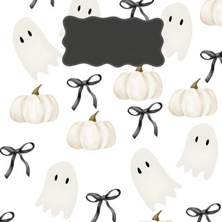 white pumpkins with black bows and ghost silhouettes on a white background for halloween White Halloween Aesthetic Halloween Bows, Halloween Bow Iphone, Ghost And Bows,