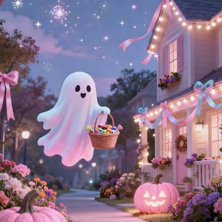 halloween decorations in front of a house at night with lights on and ghost coming out Pink Halloween Night Spooky Halloween Pictures, Girly Halloween Iphone, Pink Halloween Aesthetic, slate gray