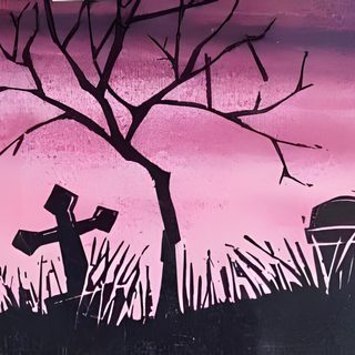 a painting with bats and tombstones in the grass at sunset, painted on canvas Black And Pink Halloween Pink Goth Pc, Halloween Twitter Banner, Spooky Discord Banner, gray