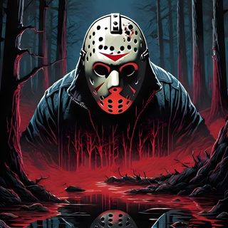 a painting of a person wearing a mask and standing in front of a lake with trees Jason Halloween Cool Jason Voorhees, Jason Pictures, Jason Voorhees Iphone, Jason Voorhees Walpaper, black