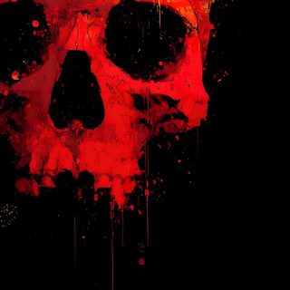 a red and yellow skull on black background with paint splattered over the top Halloween Red Skull black