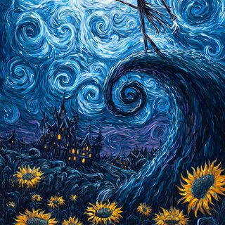 a painting of a skeleton standing on top of a wave with sunflowers in the foreground Halloween Van Gogh Skeleton Nightmare Before Christmas Phone, Nightmare Before Christmas Art, Halloween Starry Night, dark slate gray