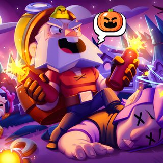a cartoon character sitting on the ground surrounded by pumpkins and other halloween related items Halloween Pumpkin Brawl Custom Halloween Pumpkin Brawl Custom, Brawl Stars 1920x1080, Brawl Stars Desktop, purple