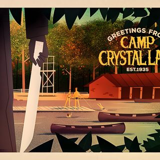 an image of a camp crystal lake poster with trees and canoes in the foreground Camp Crystal Lake Halloween The Shining Postcard Design, Camp Crystal Lake Art, Horror Movie Camp Sign, saddle brown