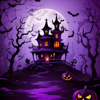 a spooky house with two jack o lantern pumpkins in front of it Purple And Black Halloween Spooky Background, Photo Halloween, Happy Halloween Pictures, indigo