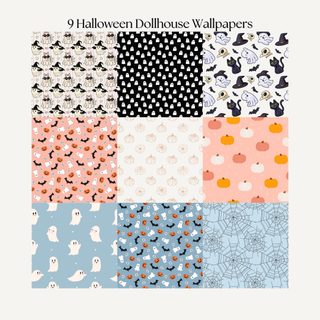 nine halloween wallpapers in different colors and patterns Halloween Custom By Tinydesigns Sims 4 Dollhouse Cc, Sims 4 Cc Folder, Sims 4 Mm, Sims 4 Cc Aesthetic, linen