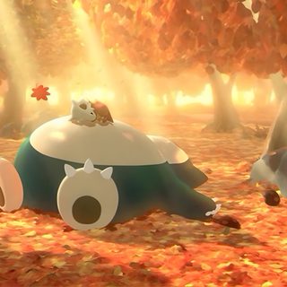 an animated character laying on the ground surrounded by autumn leaves and fallen leaves, with trees in the background Halloween Snorlax Snorlax Desktop 4k, Winter Pokemon Desktop, Snorlax Holding A Heart, Pokemon Binder, peru