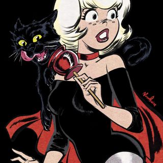 a drawing of a woman with a cat on her shoulder and devil's horns around her neck Halloween Pinup Art Sabrina Cat Cartoon, Sabrina The Witch Cartoon, Sabrina Cartoon, black