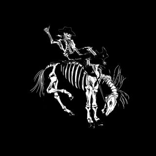 skeleton riding horse in the dark with other skeletons on it's back and arms Western Halloween black