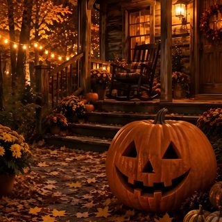 a halloween pumpkin sitting on the ground in front of a house with fall leaves around it Halloween Live maroon