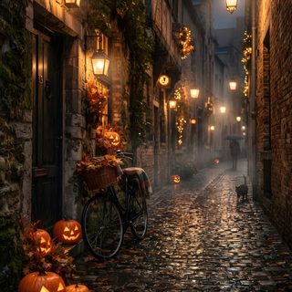 a cobblestone street with pumpkins on the ground and lights in the background Spooky Halloween Street dark slate gray