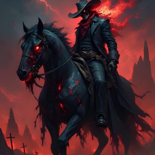 a man riding on the back of a black horse in front of a red sky Cowboy Ghost Halloween Western Gunslinger Art, Cowboy Grim Reaper, Grim Reaper Cowboy, dark slate gray