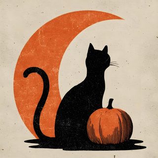 a black cat sitting on top of a pumpkin next to an orange half - moon Vintage Halloween Cat Classic Halloween Aesthetic, Cute Halloween Art, Halloween Cat Design, silver